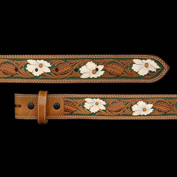 The colorful River Birch Buckle is a beautiful statement peice for any Western-Style outfit. This Custom Belt features Hand-Painted flowers and leaves to complement the vibrant base. This belt is made from top-grain leather. It is double stitched and line